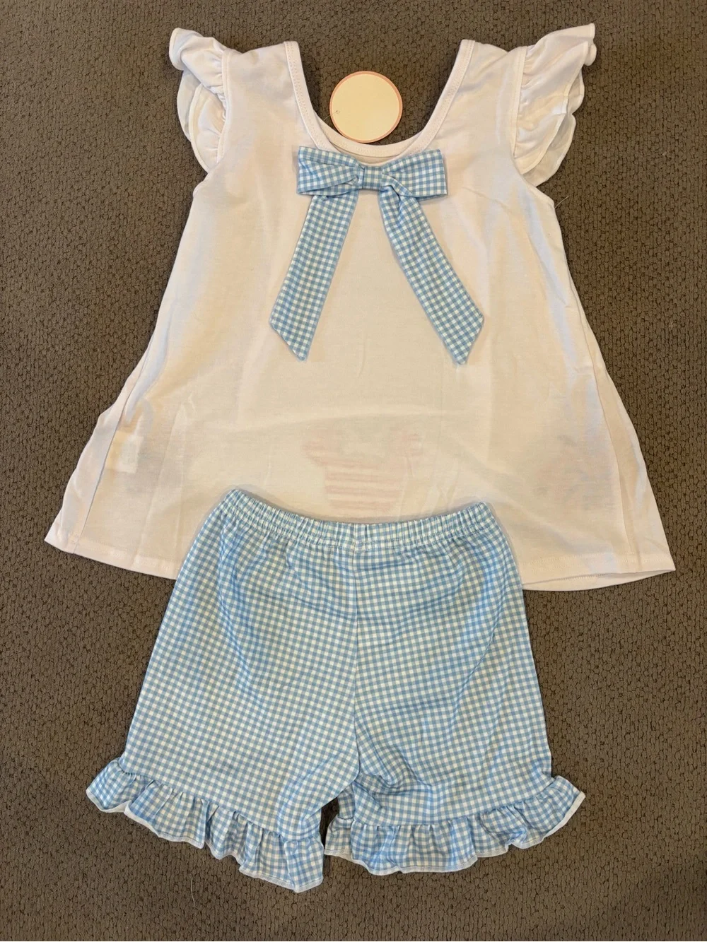 Girls White Top & Blue Gingham Shorts Matching Set